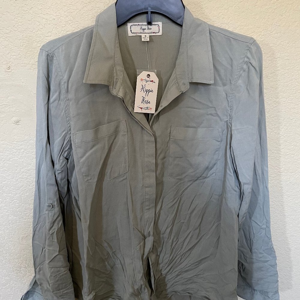 Hippie Rose Button Down Shirt Woman's M Medium NWT Green Long Sleeve